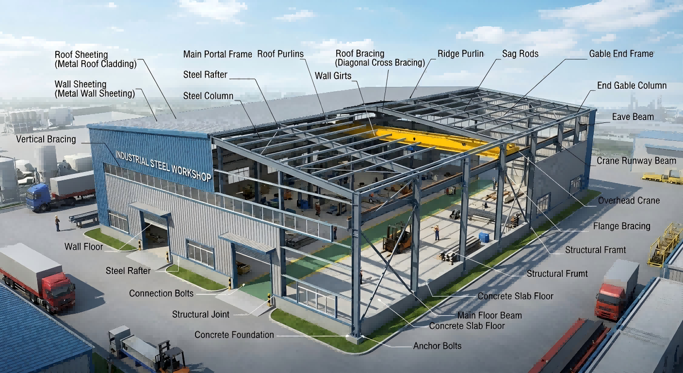 Industrial Steel Workshop Perspective Drawing with Crane